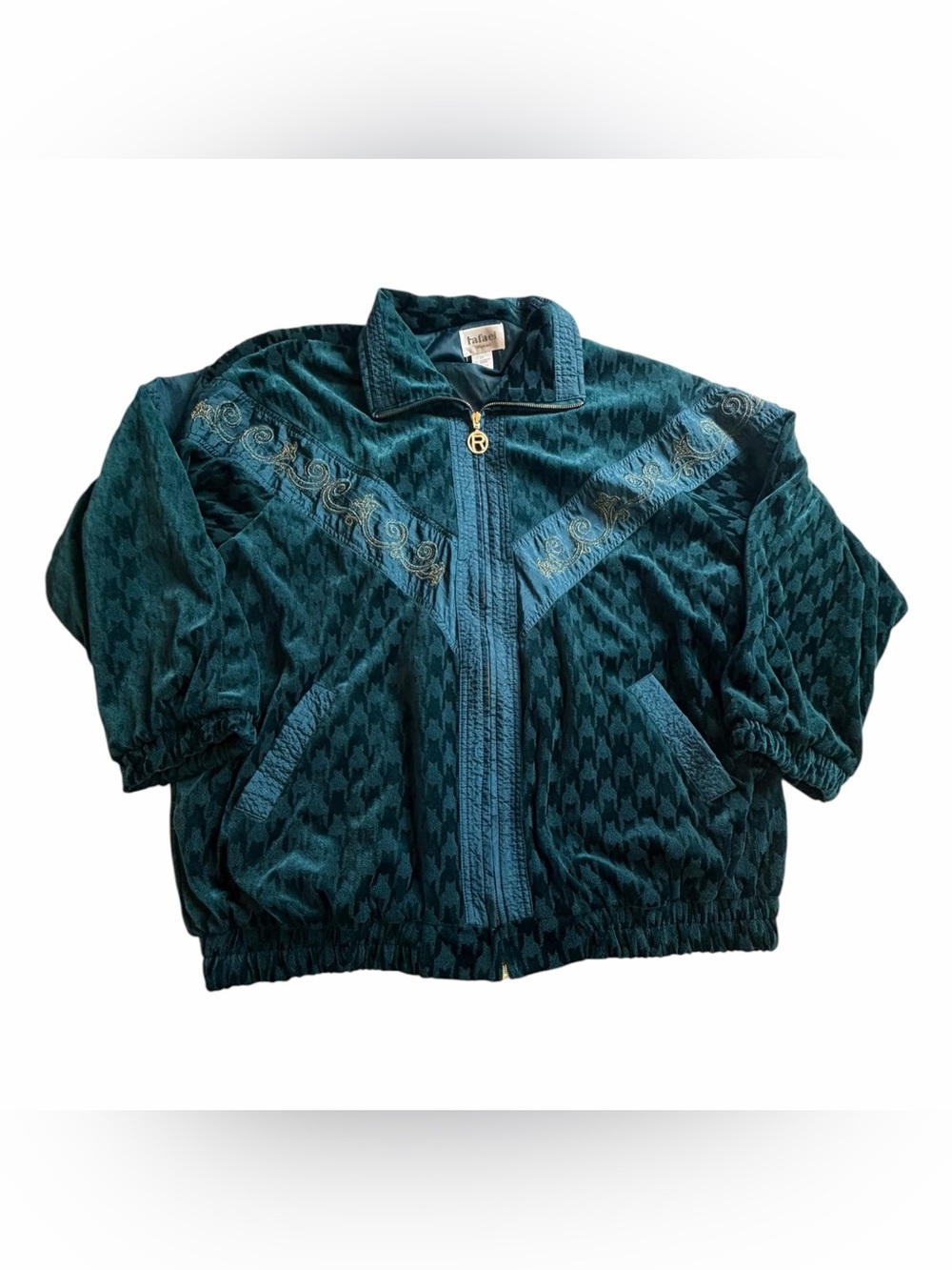 Rafael 90s Vtg Green Velvet Velour Track Bomber Jacket Sz 2x